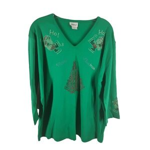 Distinct Womens 2X Green Merry Christmas Vneck Shirt‎ Embellished